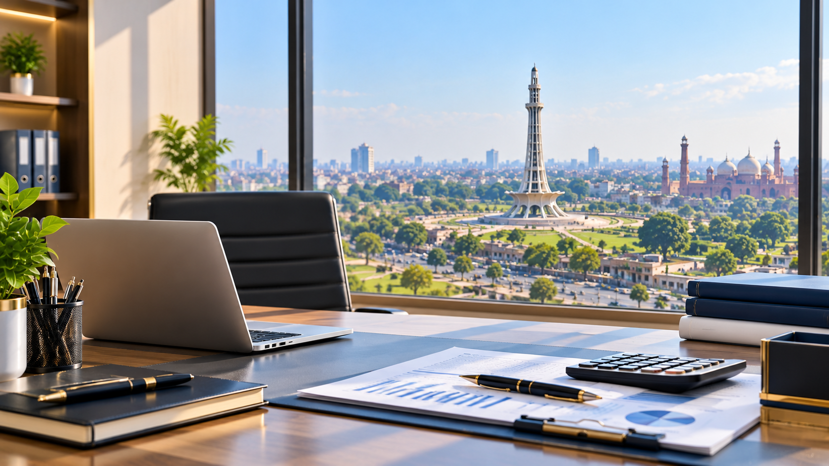 Modern corporate office overlooking Minar-e-Pakistan in Lahore with accounting and tax consultancy workspace